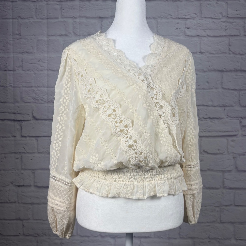 Miss Me Medium Cream Lace Cropped Blouse Eyelet Wrap Top Victorian Cottage Core